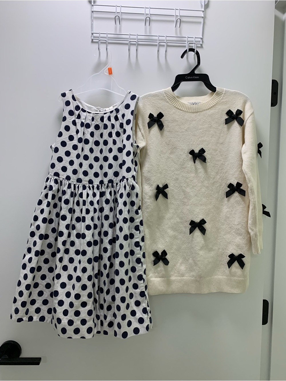 OshKosh B'gosh Navy Polka Dot Dress with Cream Sweater and Black Bows